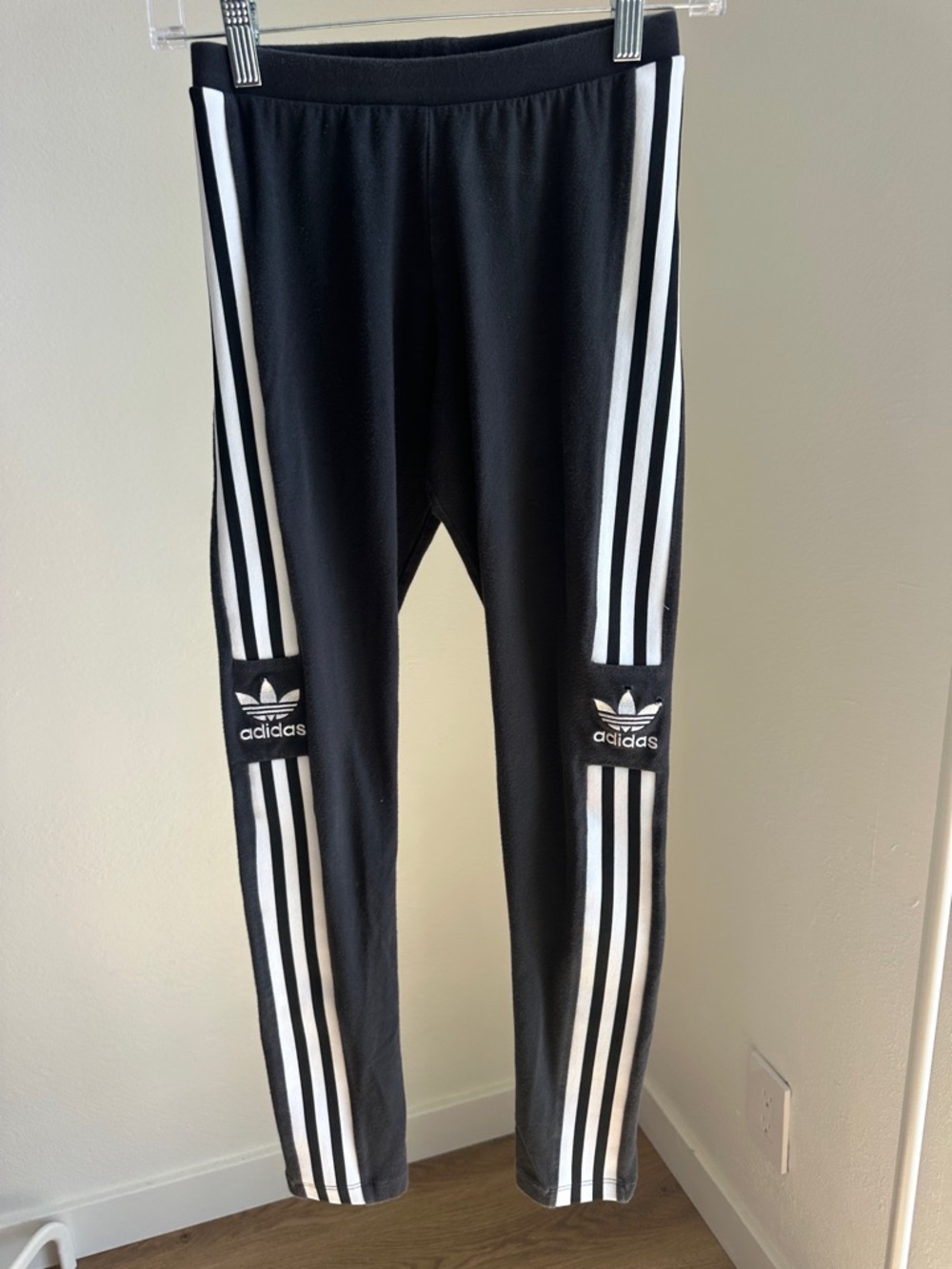adidas Black Leggings with White Three-Stripes and Trefoil Patches
